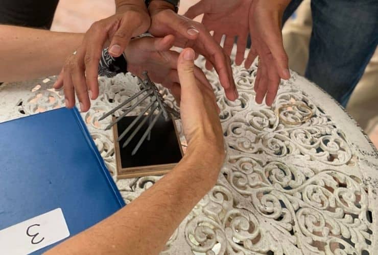 Team protecting the 12 nails they were able to balance on the head of one nail