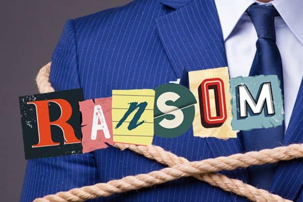 Ransom outdoor team building event logo featuring cut-out ransom note lettering over a suited figure tied with rope, by Pinnacle Team Events