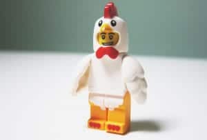 Lego man inside chicken suit