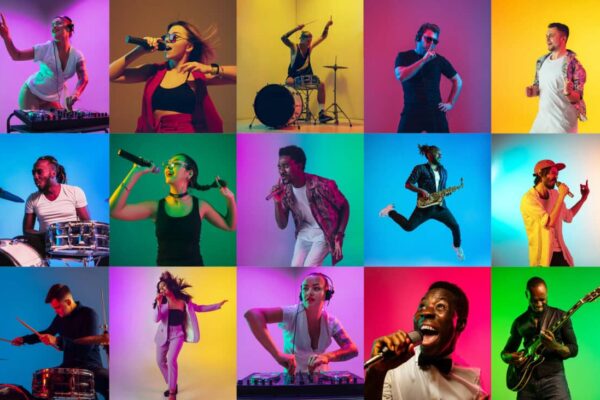 Collage of portraits of young musicians on multicolored background in neon Collage of portraits of 21 young emotional talented musicians on multicolored background in neon light. Concept of human emotions, facial expression, sales. Playing guitar, singing, dancing, jumping.