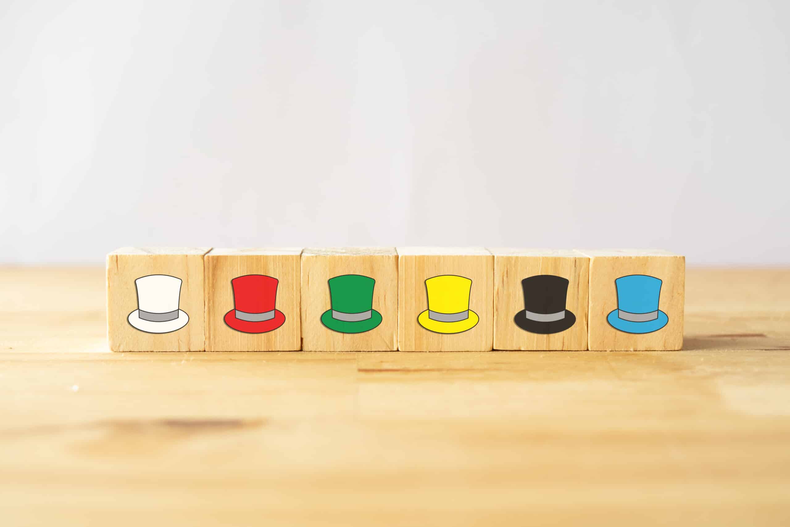 Wooden blocks with six thinking hats