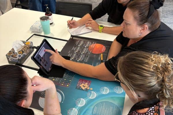 Four women sitting around table participating in Before Mars Team Building activity